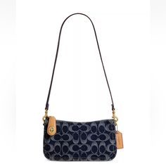 Small-Sized Bag; 8-1/4"W X 4-3/4"H X 1-1/4"D (Width Is Measured Across The Bottom Of Handbag); 0.66 Approx. Weight Silhouette Is Based On 5'9" Model 12"L Removable Strap Zip-Top Closure Brass-Tone Exterior Hardware, Logo Tag, 3 Credit Card Slots & Fabric Lining Signature Cotton & Polyester Denim/Glovetanned Leather Spot Clean Classic Denim Bag For Everyday Use, Coach Blue Bag, Designer Denim Blue Rectangular Shoulder Bag, Everyday Denim Bags With Gold-tone Hardware, Denim Bags With Gold-tone Hardware For Everyday Use, Everyday Denim Blue Bags With Branded Hardware, Designer Denim Blue Shoulder Bag For Everyday, Designer Denim Blue Shoulder Bag, Elegant Denim Blue Bag For Everyday Use