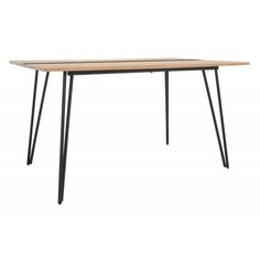 a table with black legs and a wooden top