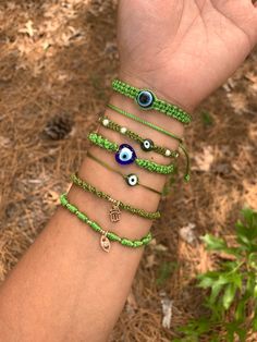 Minimalist olive green and green bracelets 😍 Materials: resin eye, nylon #2 and nylon #18, 18k gold plated beads, 14k gold plated hamsa hand/evil eye, glass pearls, glass flat evil eye and glass heart evil eye.  All bracelets are size 6 inches - 10' when fully open.  💕 Most of my bracelets are 1/2 cm wide(thick) some are 1 cm. 💕 Sliding knot closure and completely adjustable. Message me with any questions or different sizing prior to purchase 💕.  Remember that handmade pieces are always unique and they never look exactly the same 🤩 that's why they are so special 😍😉. ️🎁 Follow  me on Instagram  and Facebook for giveaways, special offers and discounts   @roxysshop2021 🧿💎Jewelry Care💎🧿 If your bracelet is made of gold/silver plated beads or any metal beads and charms please follow Green Spiritual Jewelry With Adjustable Cord, Green Spiritual Evil Eye Bracelet As Gift, Green Resizable Friendship Bracelet, Green Beaded Bracelets With Adjustable Cord For Friendship, Green Beaded Bracelets With Adjustable Cord As Gift, Adjustable Green Evil Eye Bracelets, Adjustable Beaded Green Evil Eye Bracelet, Adjustable Green Macrame Bracelets, Adjustable Green Evil Eye Bracelet