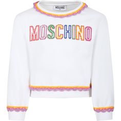 Color: White White sweatshirt in brished cotton, crew-neck, long sleeves, ribbed crew-neck, hem and cuffs. It is embellisged with multicolor embroidered logo and multicolor lace on the hem, neck and cuffs. 100% Polyester. Washing machine at 30°. Multicolor Cotton Sweater With Ribbed Cuffs, Multicolor Cotton Sweatshirt With Logo Print, Long Sleeve Tops With Embroidered Logo For Spring, Long Sleeve Tops With Multicolor Embroidery And Letter Print, Multicolor Embroidered Long Sleeve Top With Letter Print, Multicolor Embroidery Long Sleeve Top With Letter Print, Spring White Sweater With Embroidered Logo, Multicolor Cotton Tops With Ribbed Cuffs, Spring Long Sleeve Tops With Embroidered Logo