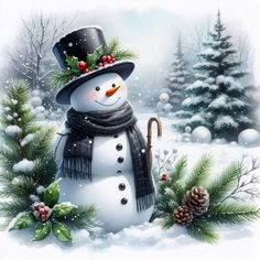 a snowman wearing a top hat and scarf next to pine trees in the snow