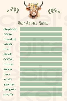 the baby animal names list is shown in green and white, with an image of a cow