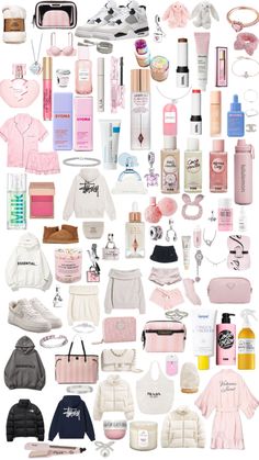 a collage of pink and white items