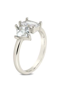 Rectangular and square-cut cubic zirconia bring glamorous sparkle to a toi-et-moi ring crafted from polished silvertone or 14-karat gold plate. Silvertone or 14k-gold plated brass/cubic zirconia Imported Ring Crafts, Square Cut, Stone Rings, Nordstrom Rack, Cubic Zirconia, Silver Tone, Gold Plate, Plating, Sparkle