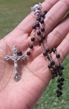 17.5" black round glass bead rosary. Original condition great condition. Marked "Italy" Black Beaded Cross-shaped Rosary, Black Beaded Cross Rosary, Black Crucifix Rosary Bracelet As Gift, Black Crucifix Rosary As Gift, Bead Rosary, Gothic Vintage, Prayer Beads, Black Glass, Glass Bead