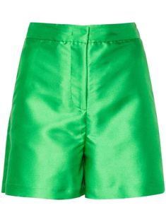 bright green satin weave two side inset pockets two rear welt pockets concealed front button, hook and zip fastening Chic Green Satin Bottoms, Satin Shorts For Spring, Spring Satin Shorts, Fitted Satin Shorts, Spring Satin Bottoms In Short Length, Chic Silk Shorts, Satin Summer Shorts, Green High-waisted Shorts For Work, High-waisted Green Shorts For Work