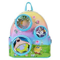 children's backpack with cartoon characters on the front and back panels, featuring an image of