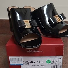 A Classic Feragamo Women Sandals With Block Heels, A New Look..Gently Worn, Great Condition, Minor Wear @ The Bottom Soles...Comes With The Original Box And Dust Bag..Made In Italy Salvatore Ferragamo Shoes, Ferragamo Shoes, Women Sandals, Shoes Color, Mule Clogs, Mules Shoes, Salvatore Ferragamo, Bag Making, Women's Shoes