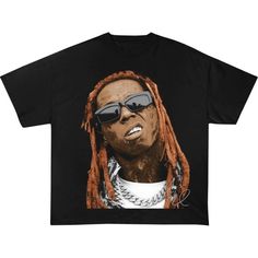 a black t - shirt with an image of a man wearing sunglasses