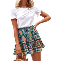 Boho Skirt Casual Vacation Skirt, Casual Floral Print Skirt For Vacation, Floral Print Skort For Vacation, Casual Skort For Summer, Bohemian Mini Skort For Day Out, Bohemian Skort For Summer Day Out, Casual Skirted Skort For Summer, Casual Multicolor Pleated Skirt, Casual Multicolor Mini Skirt