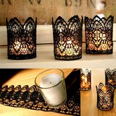 lace candle holders are sitting on a table