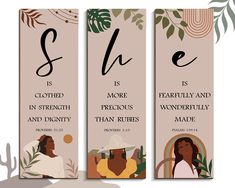 three bookmarks with the words she is clothed in strength and wonderfully made on them