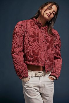 Just as cool as it is classic, this effortlessly edgy jacket is featured in a boxy, cropped silhouette with defined quilting and patching throughout for an added dimensional look. **Fit:** Relaxed, slouchy fit **Features:** Button-front closure, elasticated bottom hem, defined shoulders **Why We | Quinn Quilted Jacket by Free People in Red, Size: S Quilted Jacket Outfit, Edgy Jacket, Quilt Jacket, Free People Jacket, Sweet Heart, Fall Jackets, Quilted Jacket, Boho Outfits, Long Tops