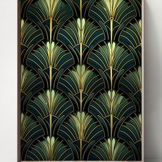 an art deco poster with green and gold fan shapes on it's sides, against a white wall