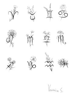 the zodiac signs are drawn in black and white ink, with flowers on each side