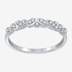 This wedding band has a timeless, vintage-style design you'll love wearing to celebrate your ever after. Crafted from Sterling Silver, this stackable ring features round-cut Lab-Grown Diamonds set in an ornate row of curved shaped cut-outs.Ring Style: Wedding Bands, Bands, Stackable RingsFeatures: StackableDiamond Clarity: I1Setting: Multi-SettingStone Cut: RoundDiamond Color: H-IMetal Color: WhiteRounded Carat Weight: 1/10 Ct. T.w.Care: Wipe CleanStone Type: 19 Lab Grown DiamondAuthenticity: La Classic Adjustable Band Rings, Classic Stackable Diamond Ring For Wedding, Classic Stackable Diamond Wedding Ring, Heirloom White Gold Stackable Diamond Ring, Classic Adjustable Diamond Promise Ring, Classic Stackable Rings With Decorative Band For Promise, Heirloom White Gold Stackable Rings With Diamond Accents, Classic Silver Marquise-cut Eternity Band, White Gold Ring With Decorative Band