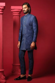 Navy blue kurta with metallic button. Paired with a jacket embroidered with beads, resham, and geometric motifs and plain trouser. - Aza Fashions Blue Formal Outerwear For Eid, Fitted Blue Outerwear With Chikankari Embroidery, Formal Blue Outerwear With Resham Embroidery, Royal Fitted Kurta For Festive Occasions, Festive Fitted Outerwear With Chikankari Embroidery, Fitted Festive Outerwear With Zari Work, Royal Fitted Bandhgala For Eid, Traditional Fitted Outerwear For Receptions, Fitted Ceremonial Outerwear With Resham Embroidery