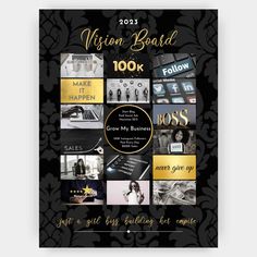 It's powerful and it's glam! This gorgeous luxe theme vision board is stunning in shades of black, gray, and gold. Our easy to use vision board creator will guide you through personalizing it with your own title, text, and images. Choose whatever goals you are focused on, and add your action items to keep you on track. That's it! We will print and ship your beautiful personalized vision board poster to you. Your vision board is printed on high-quality poster paper with a satin finish. Available