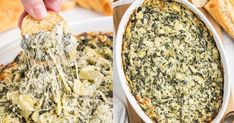 spinach dip being scooped from a casserole dish