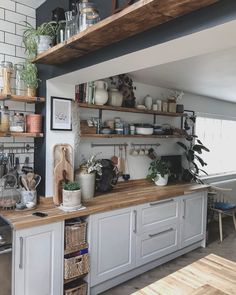 a kitchen with open shelving and shelves filled with potted plants