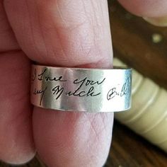 Custom Handwriting Ring Wide Handwriting Band in Sterling | Etsy Meaningful Hand Stamped Wedding Ring, Artistic Engraved Jewelry For Wedding, Meaningful Engraved Round Wedding Ring, Personalized Engraved Ring For Wedding, Meaningful Engraved Wedding Ring, Unique Engraved Wedding Ring, Adjustable Engraved Wedding Ring For Valentine's Day, Adjustable Engraved Ring For Wedding On Valentine's Day, Personalized Engraved Wedding Ring