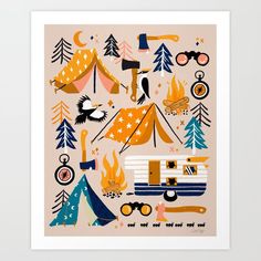 a pink poster with campers, trees and camping items on the bottom right hand corner