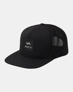 The RVCA All The Way Tech Trucker Hat combines coverage and breathable comfort in one. Made from poly stretch fabric with a structured front panel, this men's trucker hat features a moisture-wicking sweatband, 5-panel construction, mesh backing, snapback closure and RVCA VA logo embroidery. Features Fabric: Dobby fabri Breathable Functional Trucker Hat With Flat Bill, Black Six-panel Trucker Hat For Summer, Functional Breathable Trucker Hat With Flat Bill, Functional Six-panel Trucker Hat, Moisture-wicking Snapback Trucker Hat, Functional Moisture-wicking Snapback Trucker Hat, Adjustable Mesh Snapback Hat, Functional Style, Functional Adjustable Mesh Snapback Hat, Graphic Hats