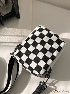 BirdinBag - Mini Checkered Print Crossbody Bag - Stylish & Versatile Phone Purse for Women & Girls Casual Large Capacity Square Phone Bag, Casual Square Phone Bag With Large Capacity, Casual Square Box Bag With Zipper Closure, White Rectangular Chest Bag For School, Trendy Square Pouch For Daily Use, School Canvas Pouch For Mobile Phone, Casual Rectangular Box Bag With Zipper Closure, Casual Square Shoulder Bag For School, White Rectangular Chest Bag For Daily Use