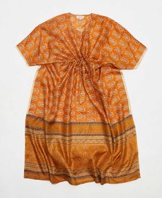 orange floral vintage silk kaftan with adjustable waist made by artisans Yellow Bohemian Saree Dress, Traditional Orange Tunic Dress, Bohemian Orange Dresses With Kimono Sleeves, Traditional Free Size Orange Dress, Festive Bohemian Orange Kurta, Festive Bohemian Orange Dress, Traditional Orange Free Size Kaftan, Traditional Orange Maxi Dress For Summer, Orange Tunic Dress In Free Size