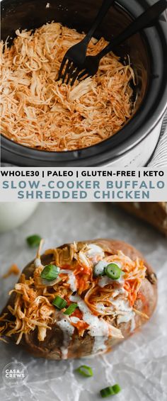 an image of shredded chicken in the crock pot with text overlay that reads wholesii paleo gluten - free keto