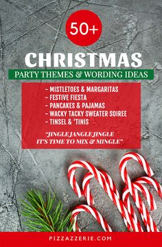 christmas party flyer with candy canes and pepperminks on the table, surrounded by holly