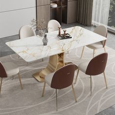 a marble dining table with chairs around it