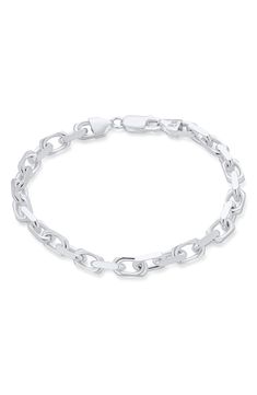 Instantly elevate any ensemble with this polished chain bracelet with flat and round edges for added intrigue. Lobster-clasp closure Sterling silver Imported Silver Chain Link Charm Bracelet, Classic Metal Bracelets With Cable Chain, Classic Silver Chain Link Bracelet, Modern Jubilee Charm Bracelet For Formal Occasions, Modern Jewelry With Box Chain Link, Modern Sterling Silver Link Chain Jewelry, Modern Sterling Silver Bracelet With Oval Link Cable Chain, Modern Silver Link Chain Jewelry, Modern Box Chain Link Jewelry