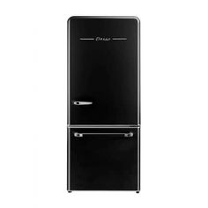 a black refrigerator freezer sitting on top of a white wall