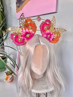 🧡 Stunning, unique layered pink and orange halo crown, with butterflies, flowers and jewels.  On a super comfortable headband 🧡 Pink Crown-shaped Headband For Party, Whimsical Tall Crown Headpiece For Carnival, Whimsical Crown Headpiece For Carnival, Whimsical Carnival Crown Headpiece, Pink Pinched Crown For Party, Whimsical Crown Headpiece For Mardi Gras, Adjustable Pink Headpiece For Costume Party, Whimsical Pink Headpiece With Handmade Flowers, Whimsical Headband For Carnival