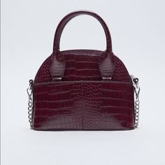 Zara Mini Bowling Bag With Animal Embossed Exterior. Metal Chain And Zip Closure. Brand New With Tags Trendy Zara Bags With Zipper Closure, Zara Shoulder Bag With Chain Strap, Zara Leather Bag With Chain Strap, Zara Bags With Chain Strap For Daily Use, Trendy Zara Satchel Bag, Burgundy Crossbody Bag With Chain Strap, Burgundy Leather Bag With Chain Strap, Trendy Zara Bag With Double Handle, Zara Purse