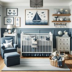 a baby's room with blue and white decor, including a crib, rocking chair, dressers, and pictures on the wall