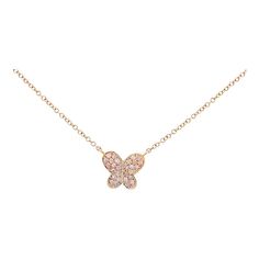 Natural Pink Diamond Butterfly Motif Pave Cluster Pendant Necklace, gracefully nestled in 18K Solid Rose Gold. Fixed on a strong integrated cable chain and lobster closure. The cluster has a mix of white and pink-toned diamonds.  This pendant necklace features 18k rose gold and round brilliant cut natural Fancy Pink Diamonds in a pave setting, radiating a pink and rose gold hue that shines on all skin tones.    100% waterproof and hypoallergenic. Ideal for daily wear and extremely giftable. Fits most neck sizes comfortably. The stones are expertly and securely set to ensure they remain in place, preserving their immaculate charm without any risk of loosening or denting.  Item Details: - Type: Pendant Necklace  - Metal: 18K Rose Gold  - Setting: Pave  - Closure: Lobster - Chain Length: 18 i Pink Diamond Necklace As Gift, Pink Diamond Necklace Gift, Pink Diamond Necklace For Gift, Pink Cubic Zirconia Diamond Necklace As Gift, Pink Cubic Zirconia Diamond Necklace For Gift, Luxury Pink Necklaces With Diamond Accents, Rose Gold Diamond Necklace With Cable Chain As Gift, Pink Diamond Dainty Necklace, Dainty Pink Diamond Necklace