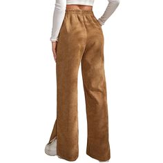 Khaki Corduroy Split High Waist Casual Pants Beige Corduroy Bottoms For Winter, Beige Corduroy Winter Bottoms, Winter Beige Corduroy Bottoms, High-waisted Corduroy Pants For Fall, Corduroy Pants For Fall, Fall High-waisted Corduroy Pants, Full-length Corduroy Pants For Fall, Fall Full-length Corduroy Pants, Straight Corduroy Pants For Fall