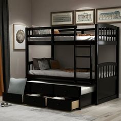 a bunk bed with drawers underneath it in a living room next to a wall mounted painting