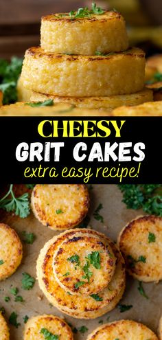 cheese grit cakes with the title text overlay reads cheesy grit cakes extra easy recipe