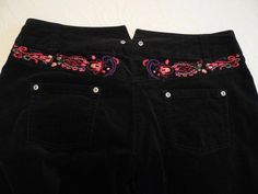 OILILY Black Cotton Elastane Embroidered Jeans Pants - 42 - 8 to 10 - NWT   New with a partial tag is a pair of black cotton blend embroidered jean cut pants from OILILY in a size 42 or US size 8 to 10. Fabric is 98% cotton and 2% elastane -- kind of a velveteen feel to them. Measurements laid flat are: waist --- 16 3/4" rise --- 9 1/2" hips --- 21" inseam --- 33 3/4"  length --- 43"  Please email me if you have any questions and I am always happy to combine on shipping. Thanks for looking! PLEA Black Embroidered Straight Leg Pants, Black Embroidered Cotton Pants, Stretch Cotton Embroidered Pants, Embroidered Jeans, Jeans Pants, Black Cotton, Casual Shorts, Cotton Blend, Women Accessories