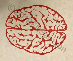 a drawing of a red brain on white paper