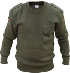 If there is one piece of Military Surplus clothing that is a must own, it is the German Military Commando Sweater. This heavy weight sweater looks great and is wisely constructed. Some unique features of this sweater are the reinforced shoulders and elbows plus cinches at the baset. It also has the German flag insignia on each shoulder. Expertly designed to taper at the base to hug your body and lock in body heat. Constructed with the perfect cotton/polyester blend material for comfort. Unused c Winter Military Style Long Sleeve Tops, Winter Military Long Sleeve Tops, Military Style Long Sleeve Sweatshirt For Fall, Commando Sweater, Sweater Looks, German Military, German Flag, Military Surplus, Own It