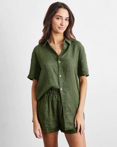 Olive Short Sleepwear Set – Bed Threads Linen Sleepwear, Linen Short Sleeve Shirt, Bed Threads, Olive Shorts, Linen Short Sleeve, Chic Shirts, Linen Short, Summer Set, Sleepwear Sets