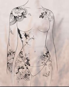 a drawing of a woman's body with flowers on her chest and arms, in black and white