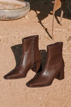 Ariyah Chocolate Brown Low Heel Ankle Booties Brown Booties Outfit, Brown Boot Outfits, Chocolate Brown Boots, Square Toe Ankle Boots, Booties Outfit, Tapered Square, Brown Leather Ankle Boots, Fall Activities, Brown Booties