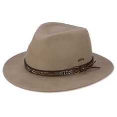 Our men's classic fedora hat is the ultimate travel companion. Fully crushable and water-repellent, it also features genuine pheasant feathers woven into the leather band. A special two-size-fits-all stretch band makes for a perfect fit. Men's fedora hats in brown. Wool felt. Spot clean with damp cloth. Made in USA. <br />Sizes: S/M(6¾-7⅛), L/XL(7¼-7⅝). 2½" brim with 4½" crown. Country Style Felt Hat For Outdoor Fall Use, Fitted Winter Travel Hat, Casual Felt Hat With Curved Brim For Country Events, Classic Wool Felt Hat For Winter, Elegant Fall Travel Hat, Country Style Winter Felt Hat For Outdoor, Elegant Felt Hat For Travel In Fall, Elegant Felt Hat For Fall Travel, Wool Fedora With Curved Brim For Winter