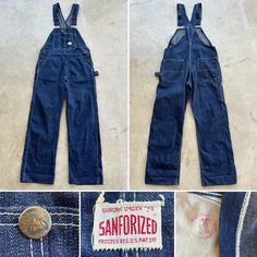 "For your consideration Original vintage 1950s era men's denim bib overalls SHRUNK UNDER THE SANFORIZED PROCESS REG U.S. PATENT OFF. 100% cotton Made in USA Stamped on inside Maybe a wash or two .. minimal fading .. minimal soiling .. no holes .. still dark in color .. loose threading along hammer pocket .. unrolled creasing at leg openings .. looks like this was purchased from the local hardware store back in the day Two waist pockets Two back pockets Two button waist closure Adjustable shoulde Vintage Denim Blue Overalls With Pockets, Vintage Denim Blue Overalls, Vintage Straight Leg Overalls With Pockets, Vintage Dark Wash Overalls, Vintage Dark Wash Bib Front Overalls, Vintage Bib Front Shortalls With Pockets, Vintage Denim Blue Bib Front Overalls, Vintage Bib Front Overalls With Pockets, Vintage Dark Wash Cotton Denim Jumpsuit