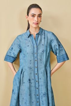 Blue midi dress featuring blossom placement print with front button placket and pockets. - Aza Fashions Summer Cotton Dresses With Patch Pockets, Spring Workwear Dresses With Patch Pockets, Spring Cotton Dresses With Patch Pockets, Fitted Spring Dresses With Patch Pockets, Anita Dongre, Placement Print, Blossom Print, Blue Midi Dress, Printed Dress